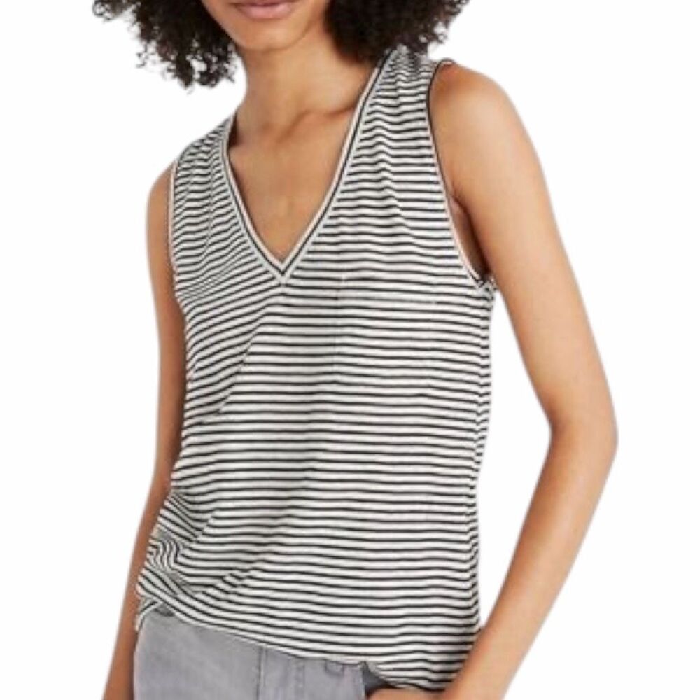 MADEWELL Women’s Black White Striped Sleeveless Whisper Pocket Tank Top Medium